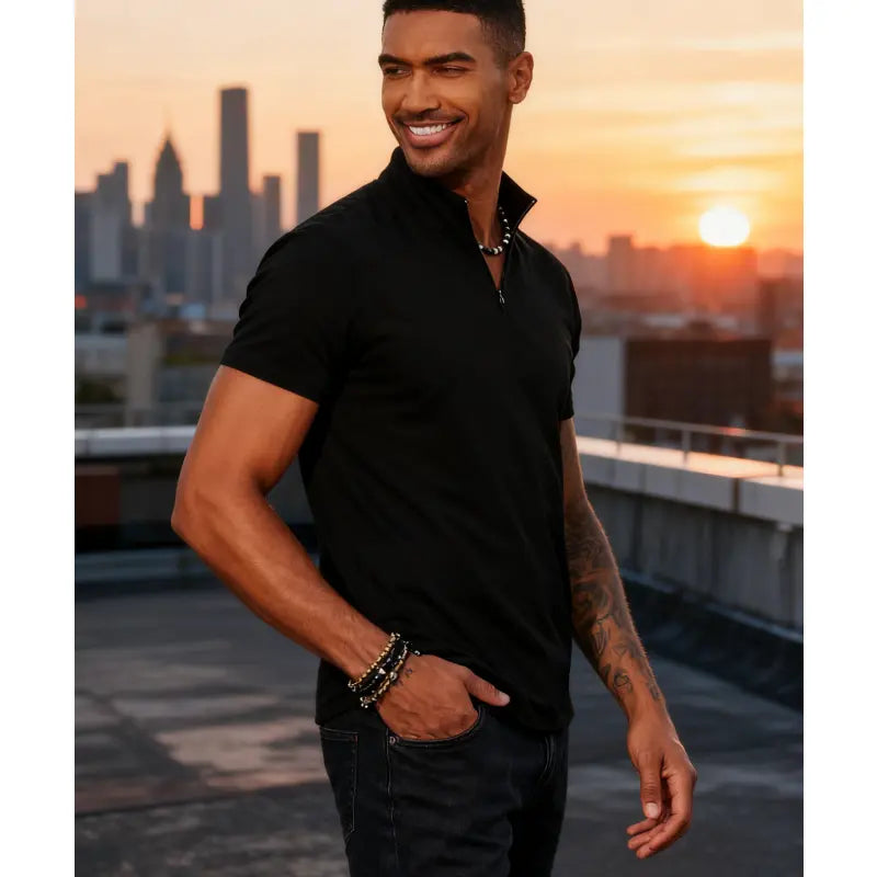 Black Short Sleeve Quarter-Zip Collared Shirt
