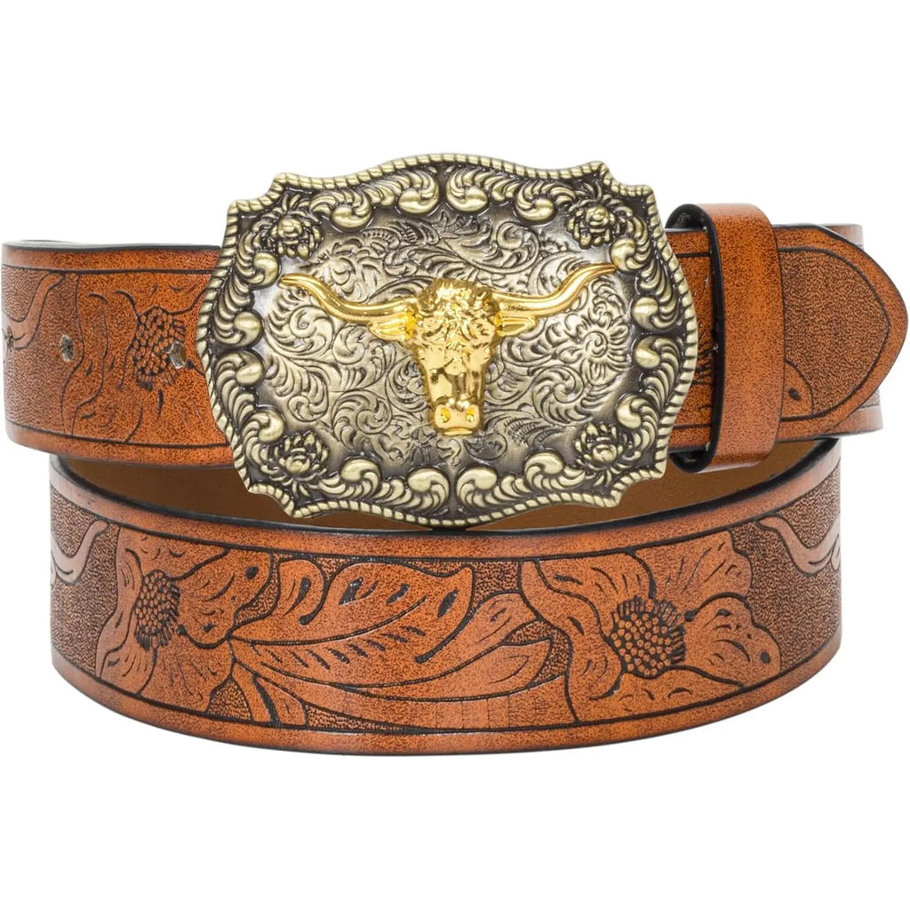 Tan Leather Belt with Embossed Floral Pattern