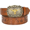 Tan Leather Belt with Embossed Floral Pattern