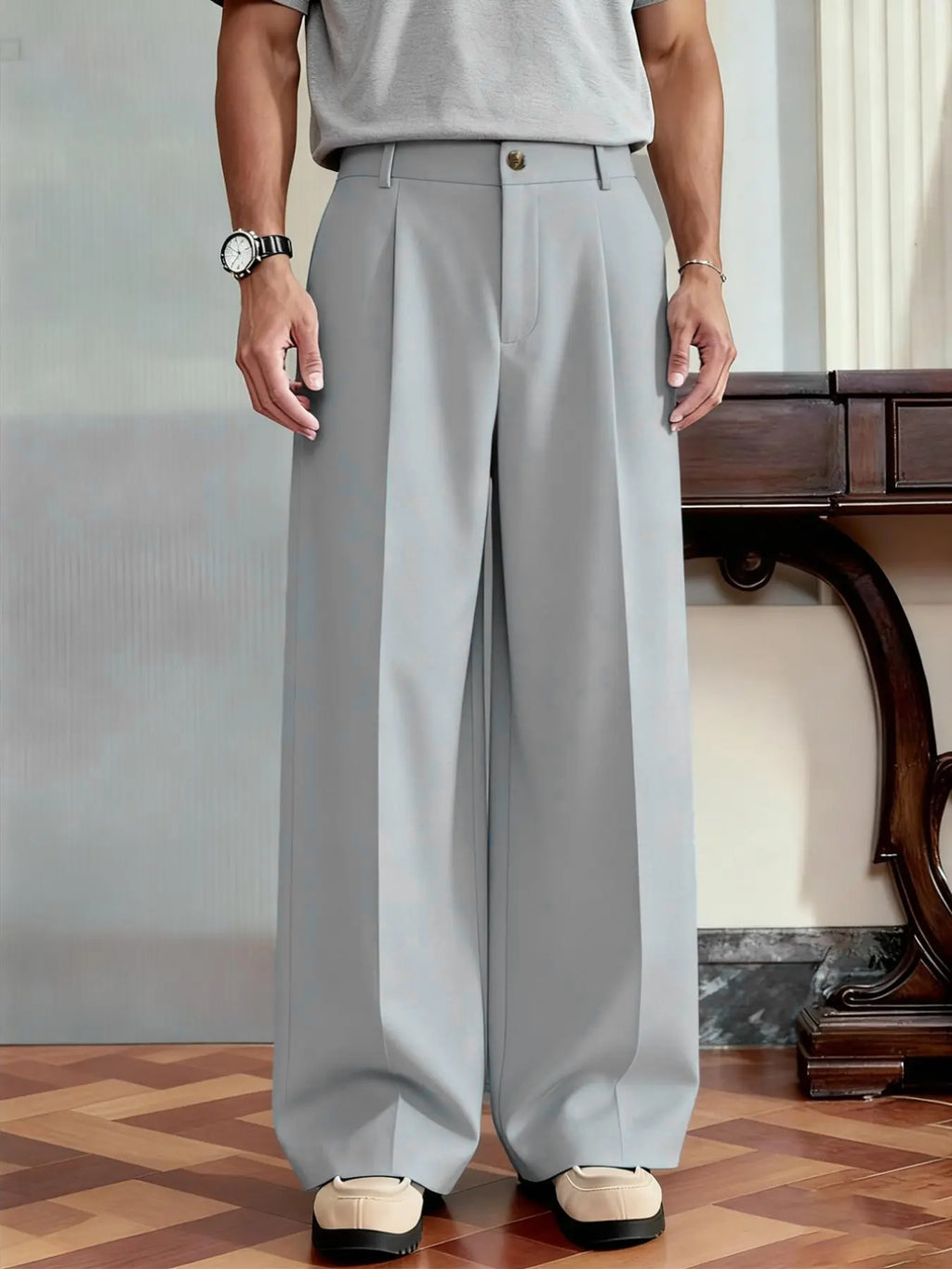 Light Grey Pleated Wide Leg Trousers