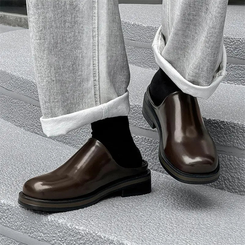 Glossy Dark Brown Leather Slip-On Mule Shoes