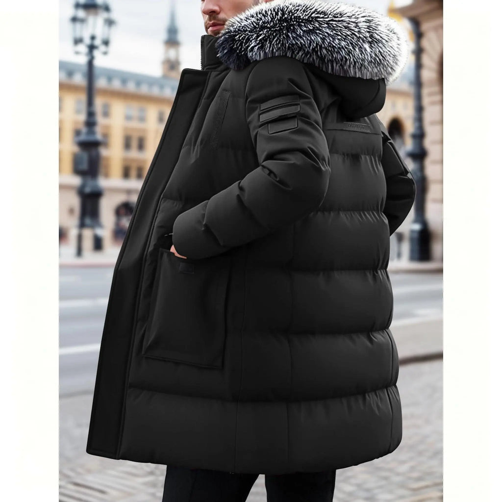 Black Long Padded Coat with Fur-Trim Hood