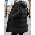Black Long Padded Coat with Fur-Trim Hood