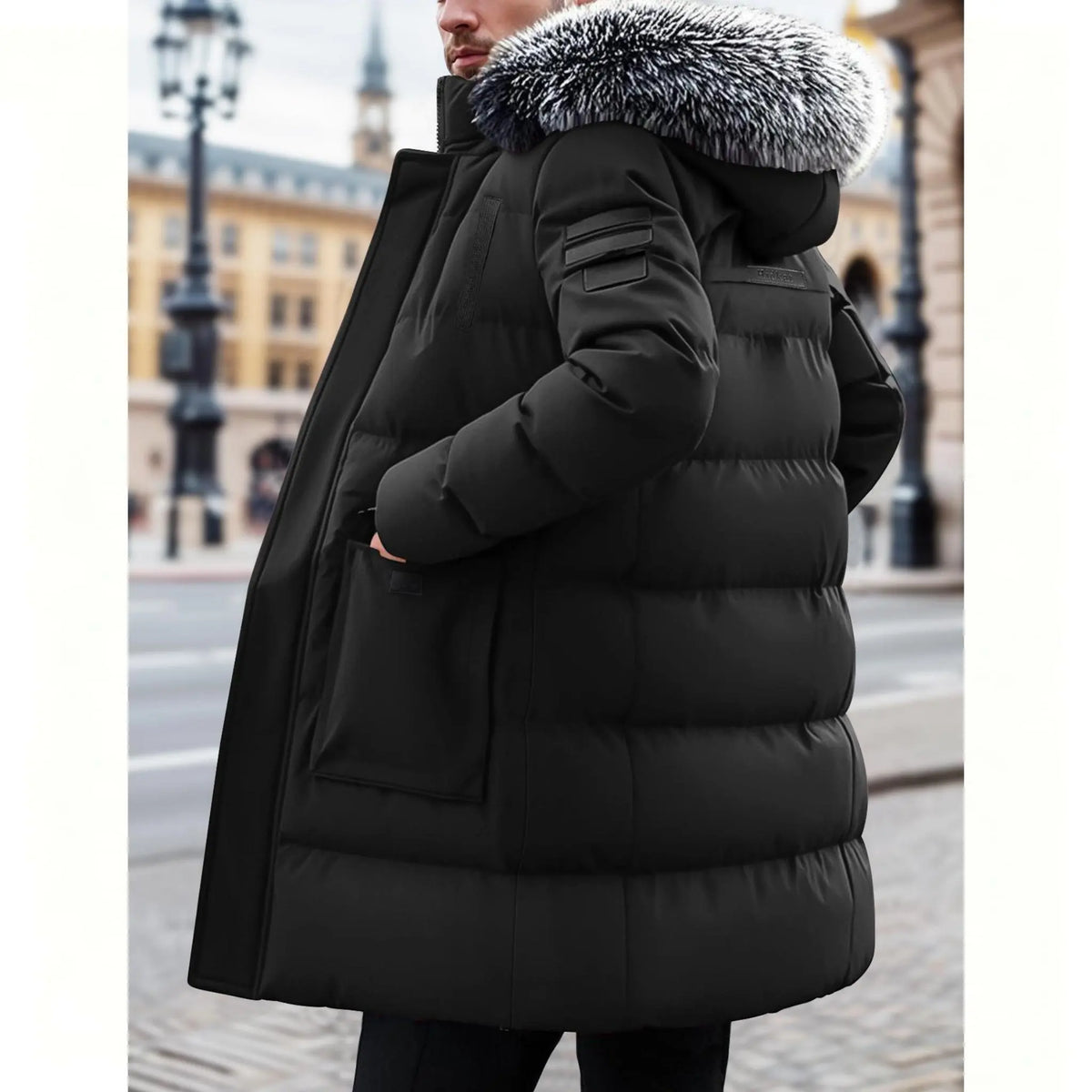 Black Long Padded Coat with Fur-Trim Hood