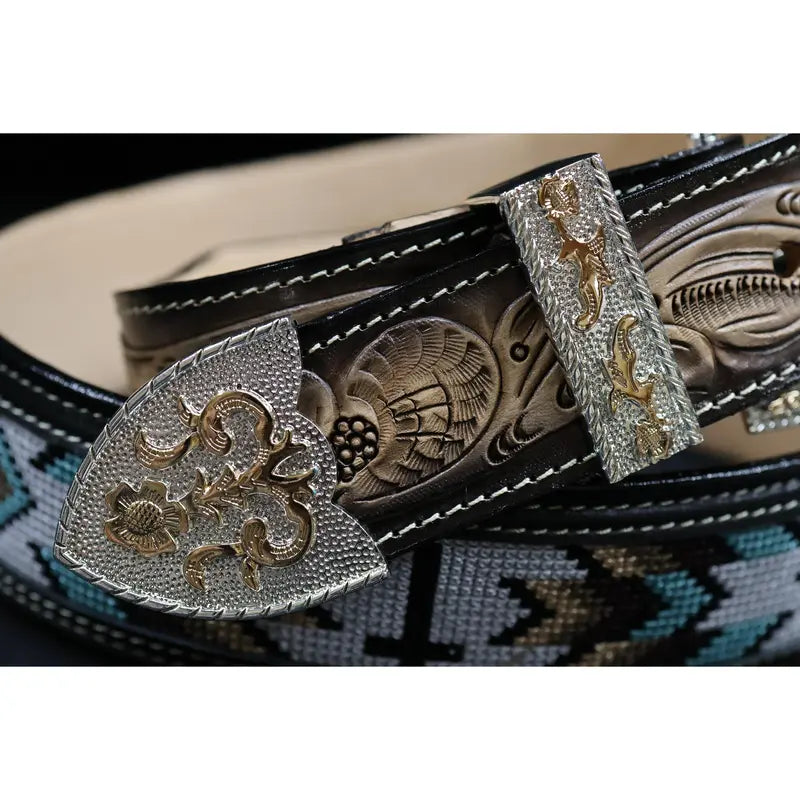Black Leather Belt with Beaded Pattern Panel