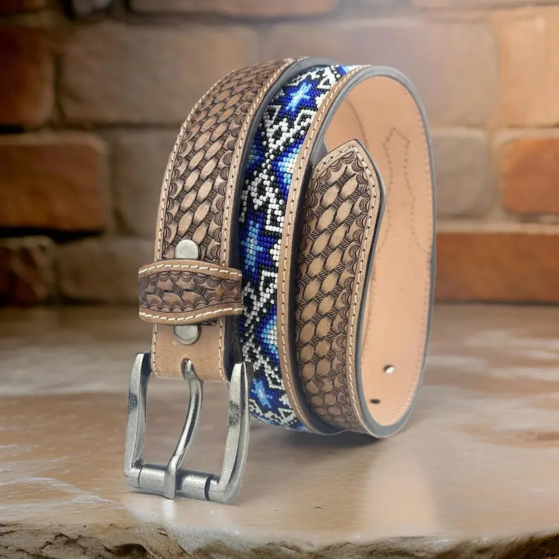 Tooled Leather Belt With Blue and White Beaded Panel
