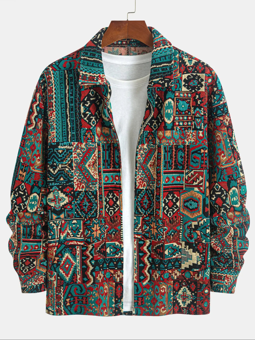 Teal and Red Patterned Woven Button Jacket