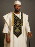 Men's Cream Robe Set with Black Gold Embroidery