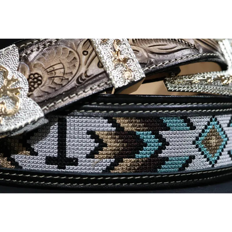 Black Leather Belt with Beaded Pattern Panel