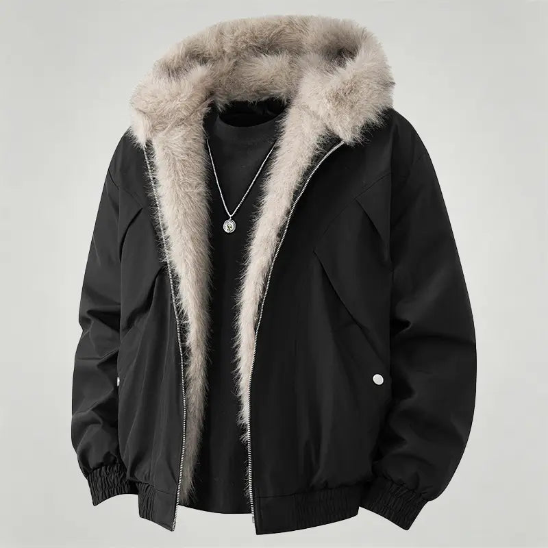 Black Hooded Jacket with Faux Fur Lining
