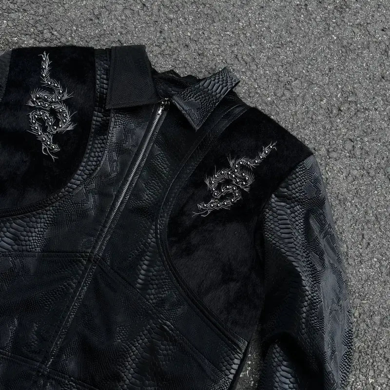 Black Textured Leather Look Biker Jacket