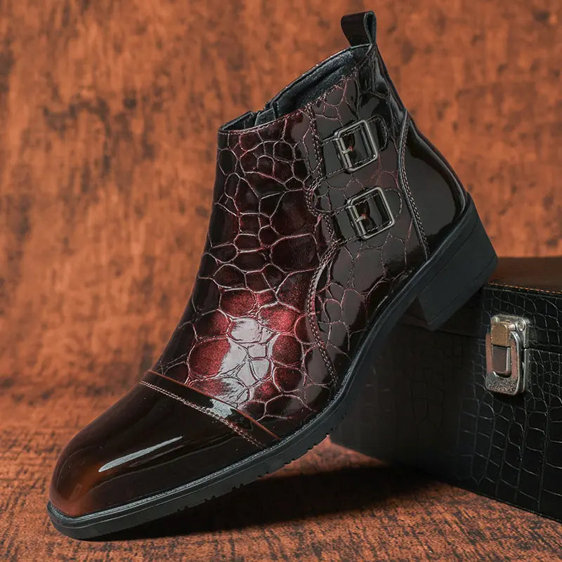 Burgundy Patent Leather Double Buckle Ankle Boots