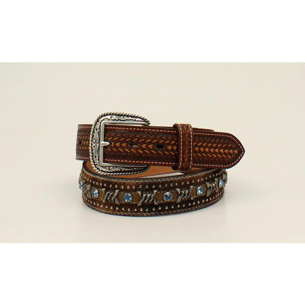 Brown Tooled Leather Belt With Blue Stone Studs