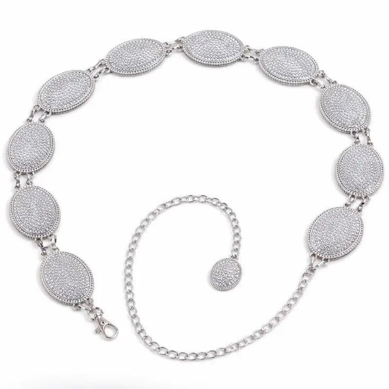 Silver-Tone Oval Plate Chain Belt With Clasp