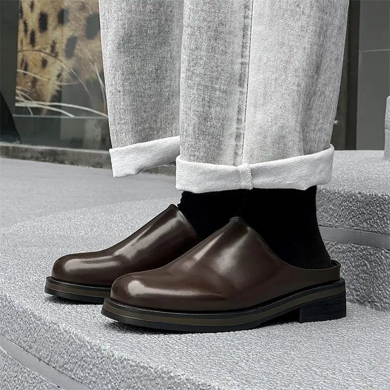Glossy Dark Brown Leather Slip-On Mule Shoes