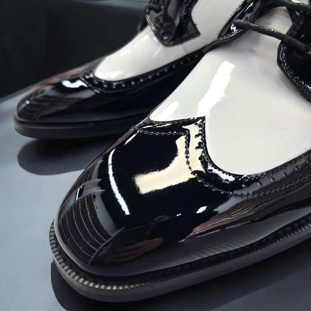 Black and White Patent Leather Wingtip Shoes