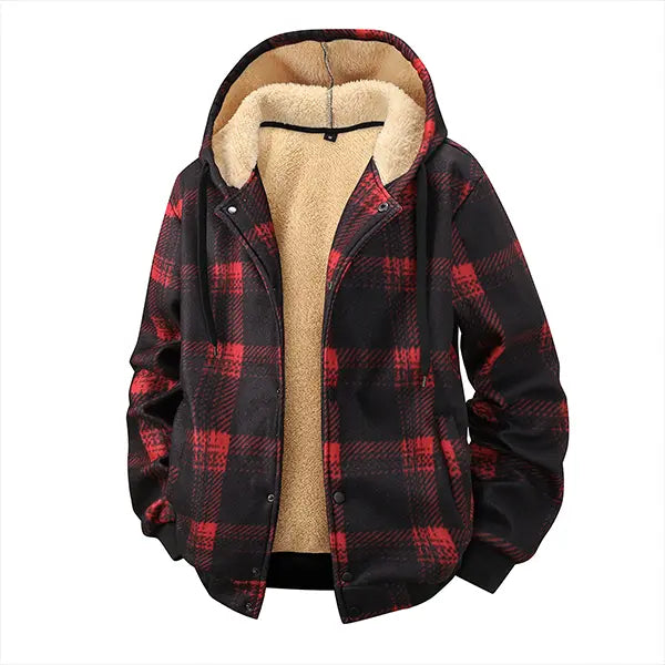 Red and Black Plaid Hooded Jacket with Fleece Lining
