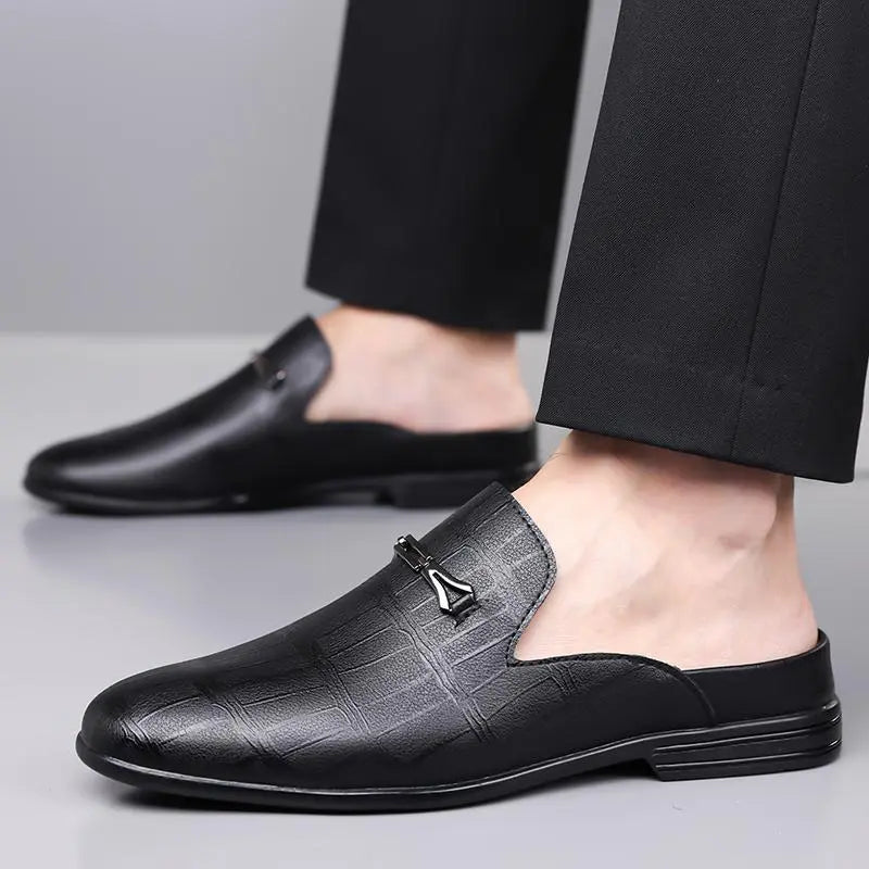 Black Textured Leather Backless Slip-On Loafers