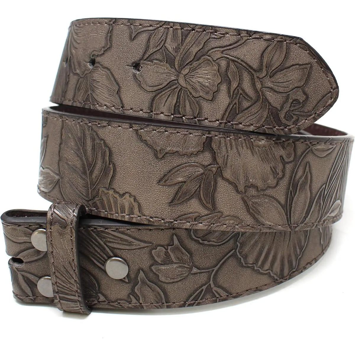Brown Embossed Floral Leather Belt Strap