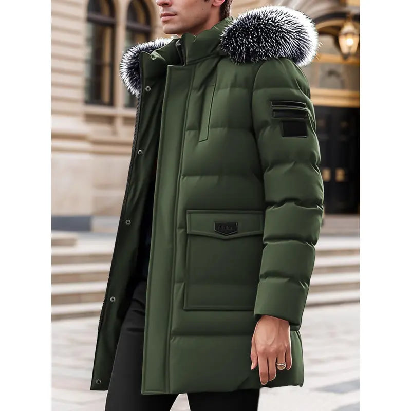 Black Long Padded Coat with Fur-Trim Hood