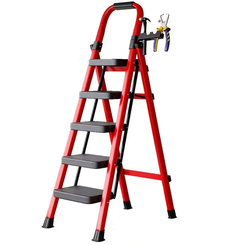 Red Folding Step Ladder with Handrail and Tool Holder
