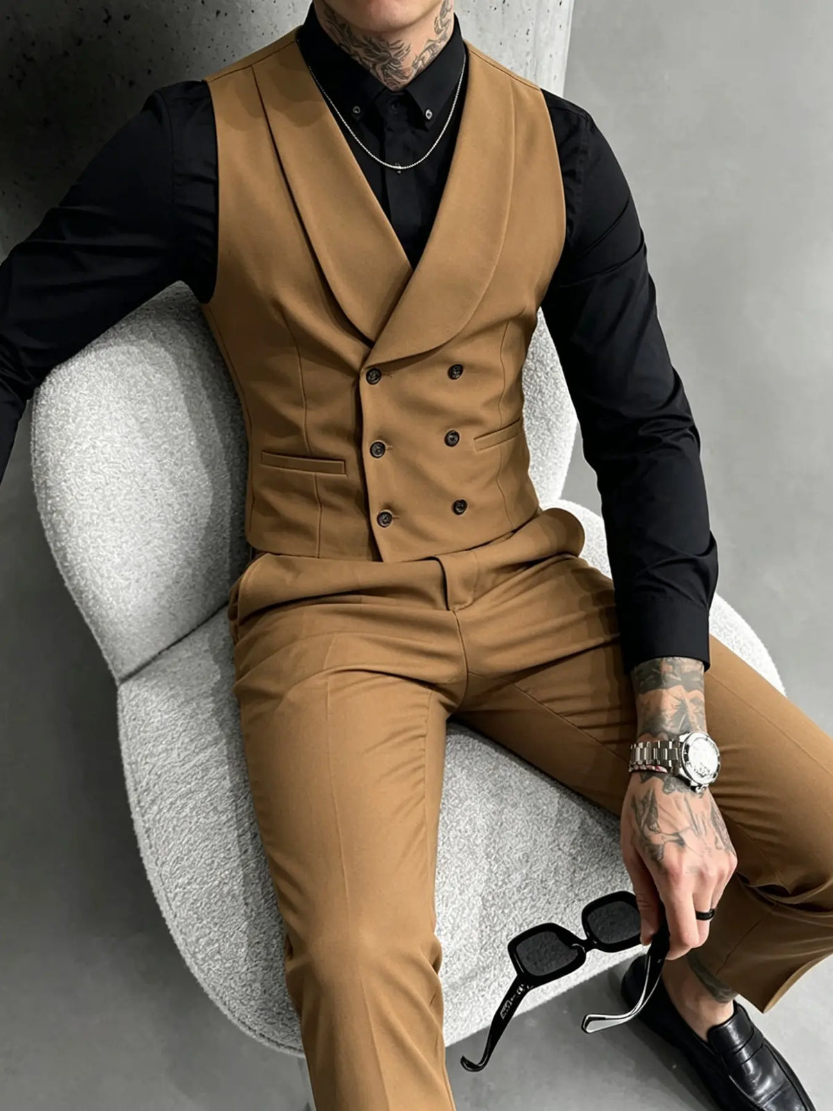 Camel Double-Breasted Waistcoat and Trouser Set
