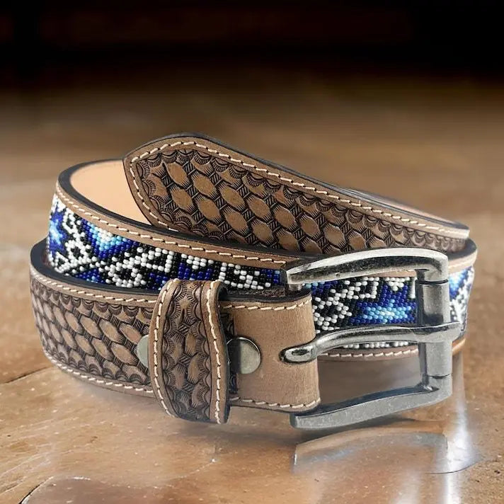Tooled Leather Belt With Blue and White Beaded Panel