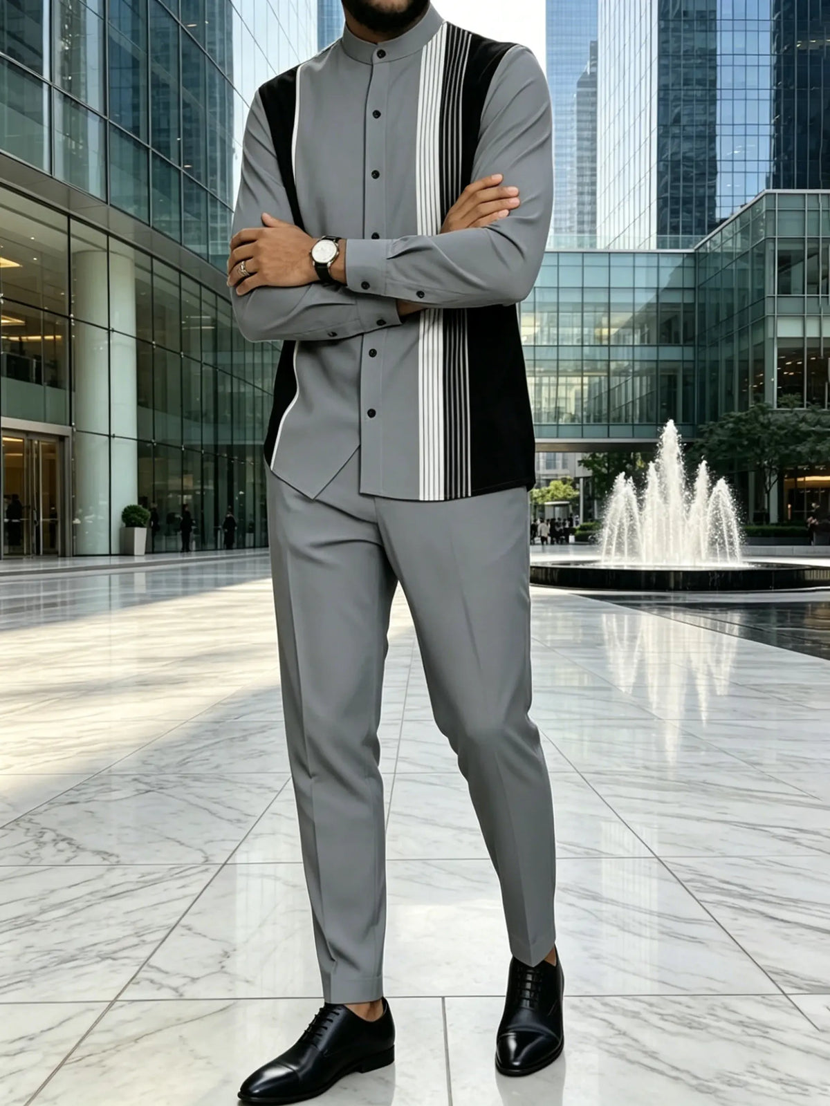 Men's Grey Two-Piece Set with Striped Panels