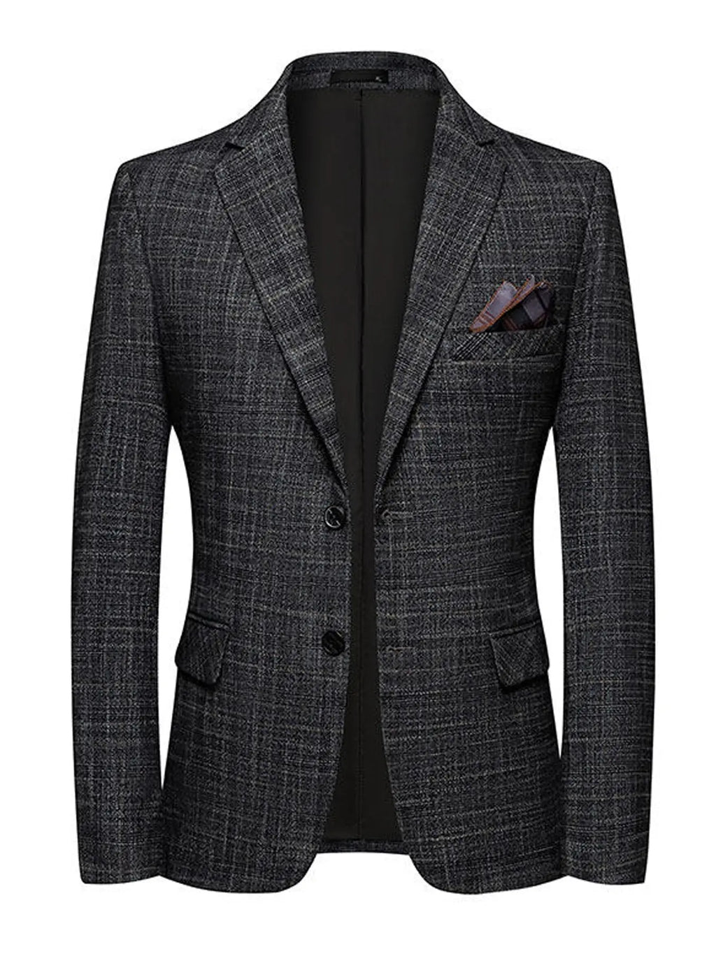 Charcoal Textured Two-Button Blazer with Pocket Square