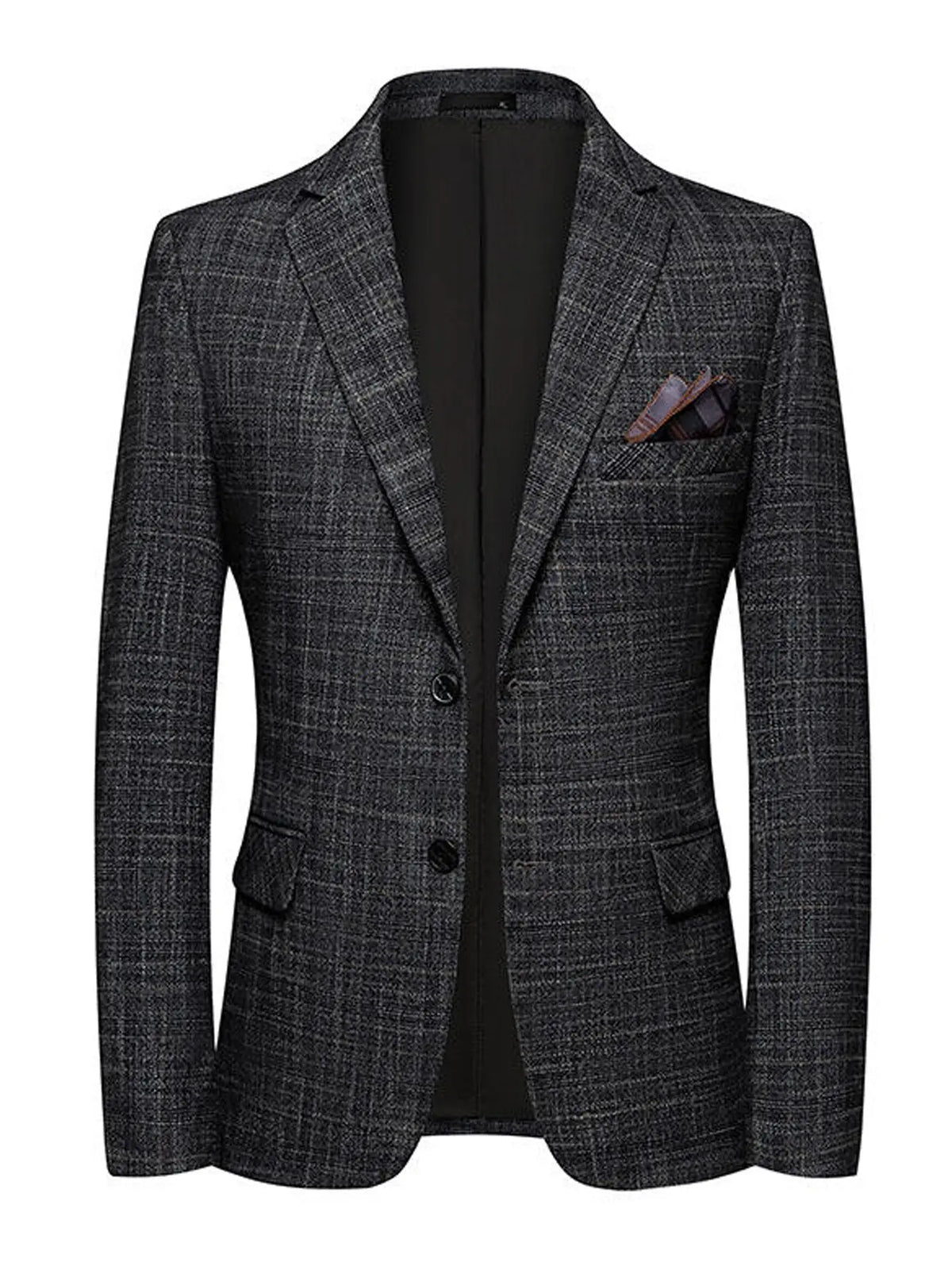Charcoal Textured Two-Button Blazer with Pocket Square