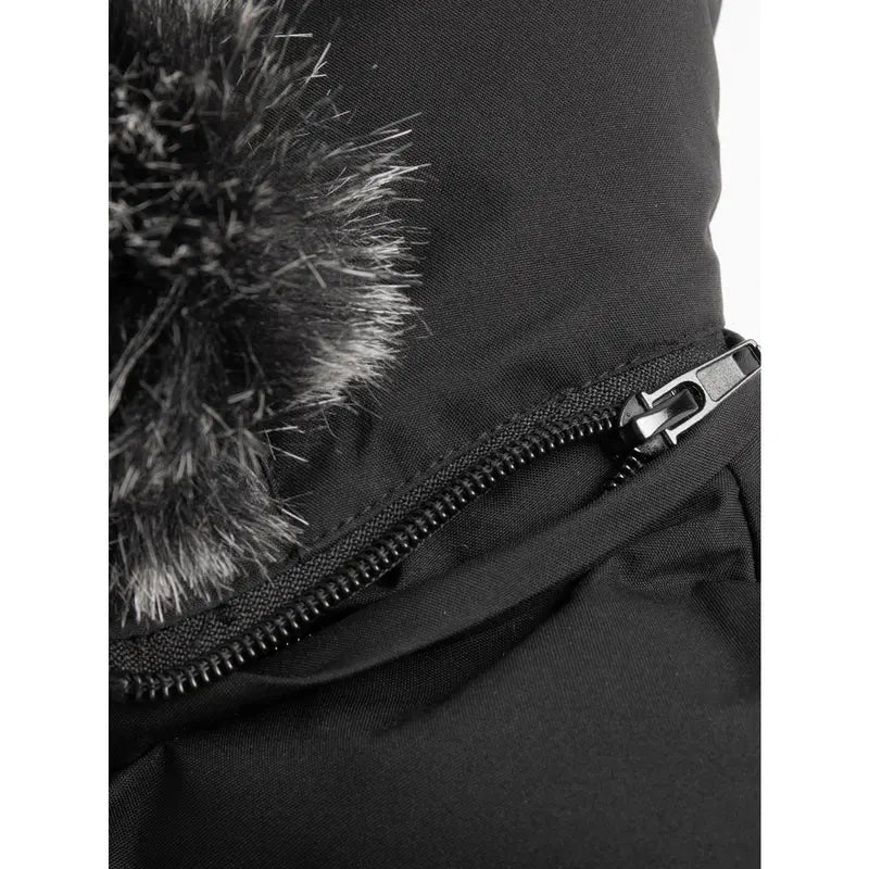 Black Long Padded Coat with Fur-Trim Hood