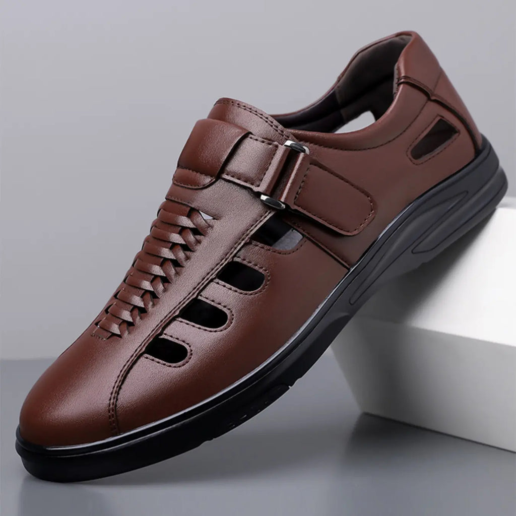 Black Leather Cut-Out Casual Shoes with Strap