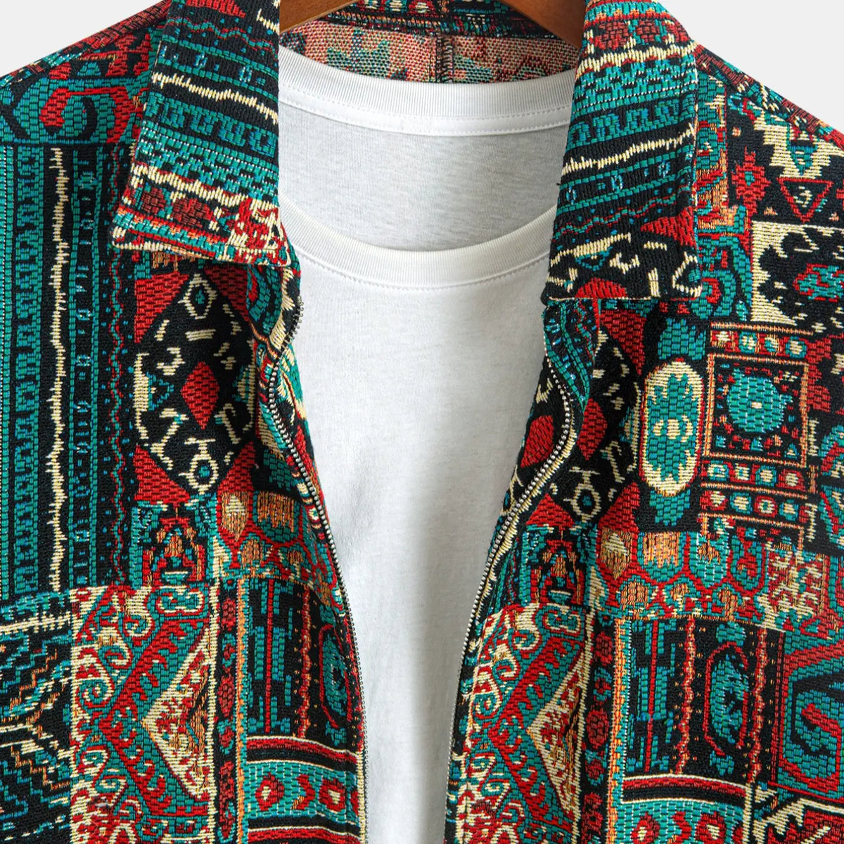 Teal and Red Patterned Woven Button Jacket