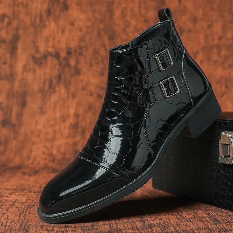 Burgundy Patent Leather Double Buckle Ankle Boots
