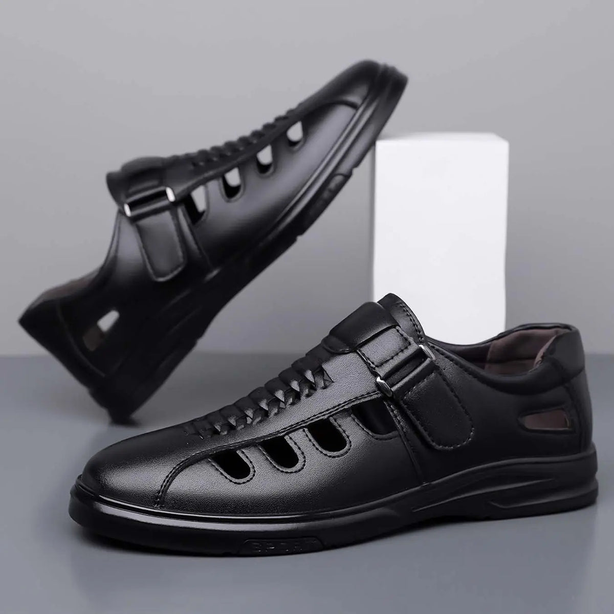Black Leather Cut-Out Casual Shoes with Strap