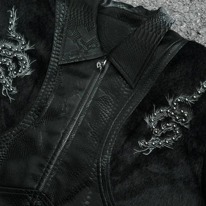 Black Textured Leather Look Biker Jacket