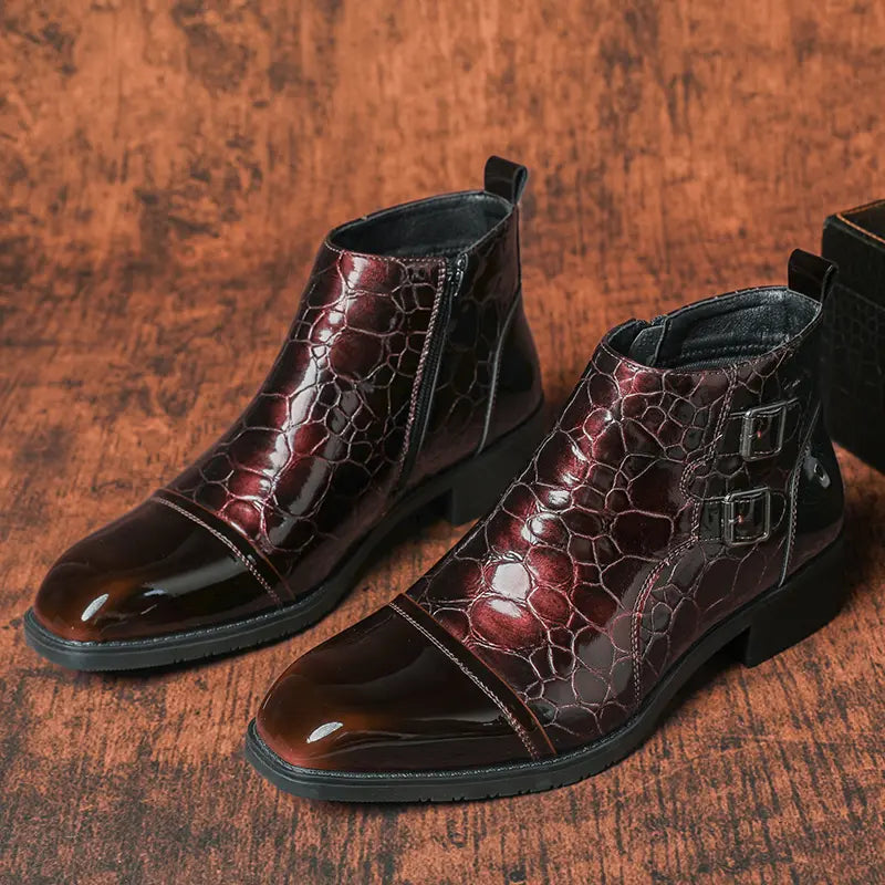 Burgundy Patent Leather Double Buckle Ankle Boots