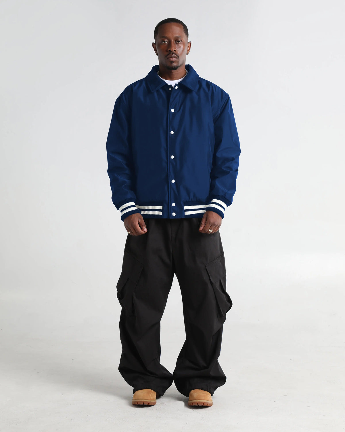 Navy Collared Bomber Jacket with Striped Trim