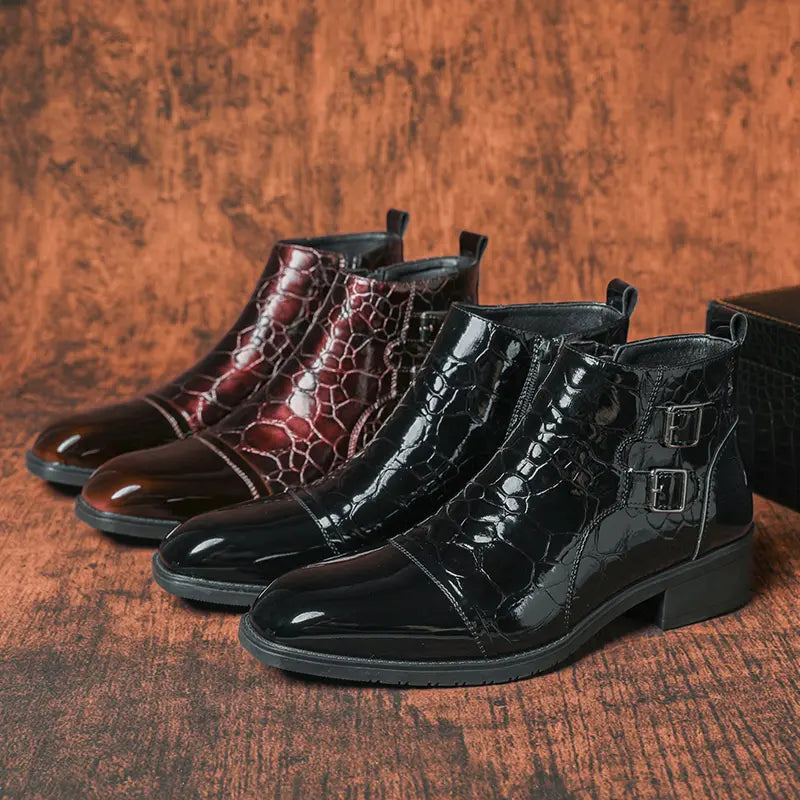 Burgundy Patent Leather Double Buckle Ankle Boots