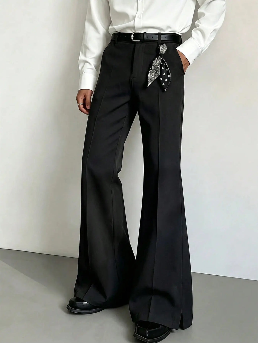 Black Flared Trousers with Front Crease and Hem Slits