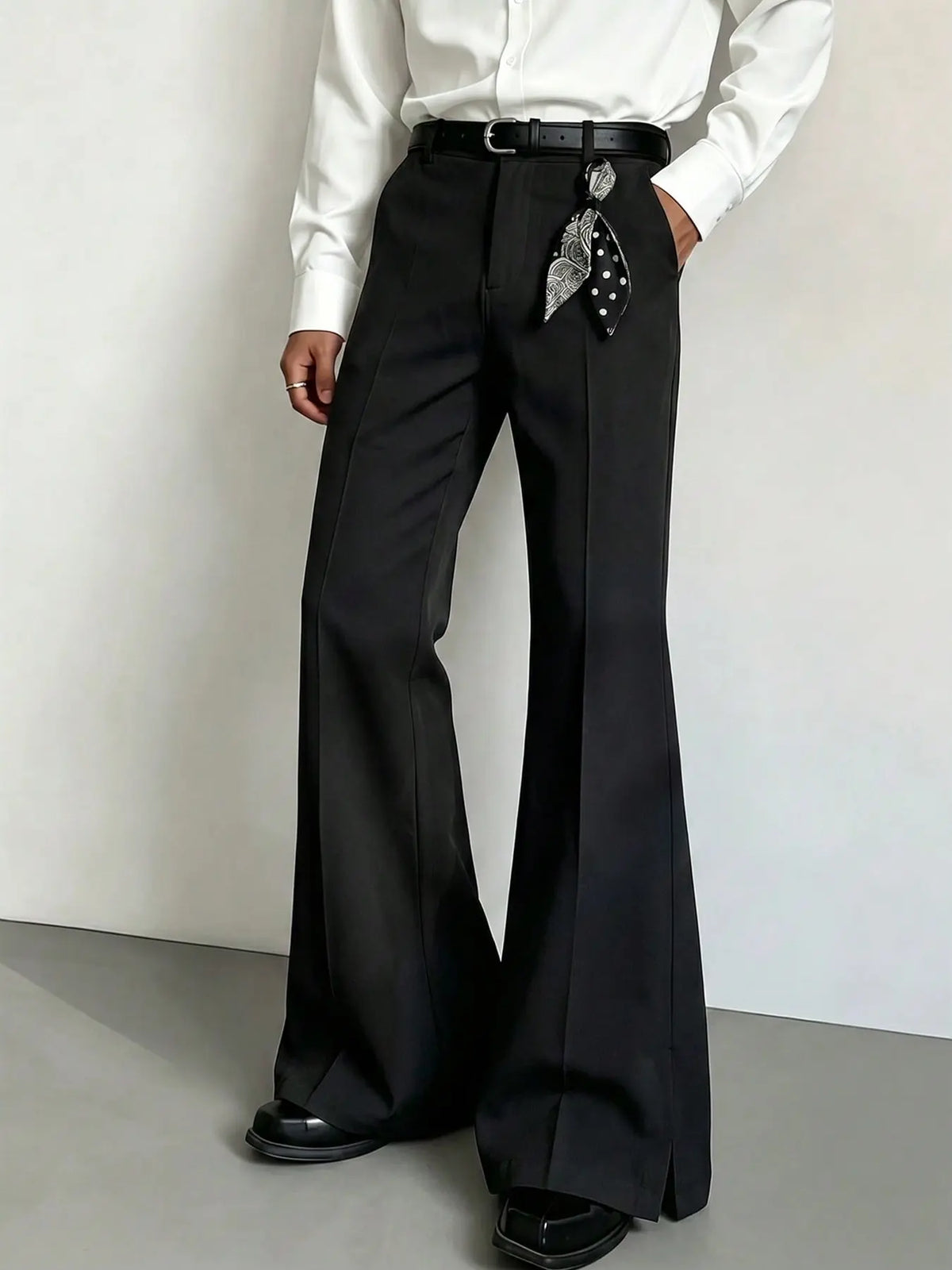 Black Flared Trousers with Front Crease and Hem Slits