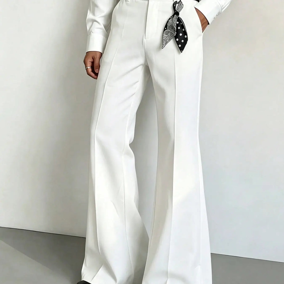 Black Flared Trousers with Front Crease and Hem Slits
