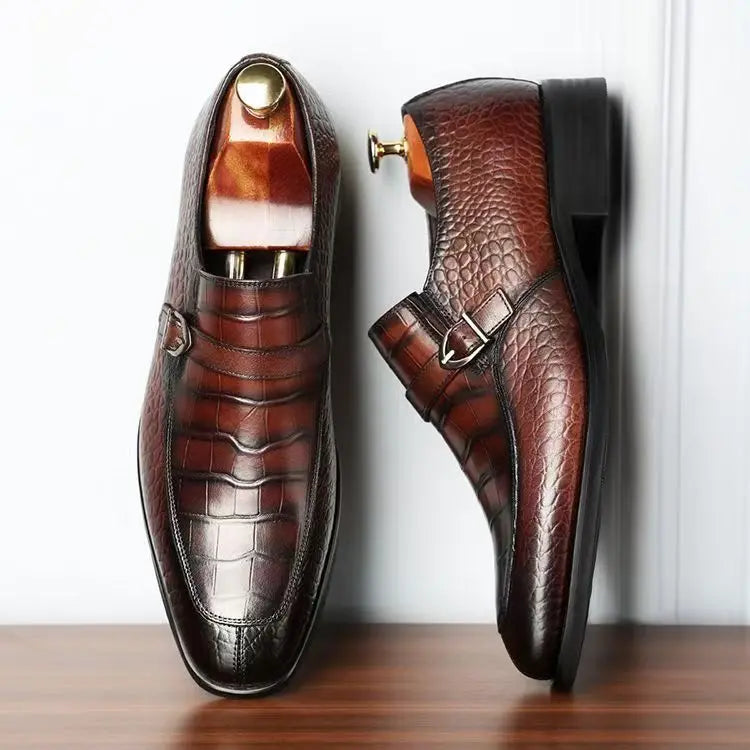 Brown Crocodile-Embossed Leather Slip-On Dress Shoes