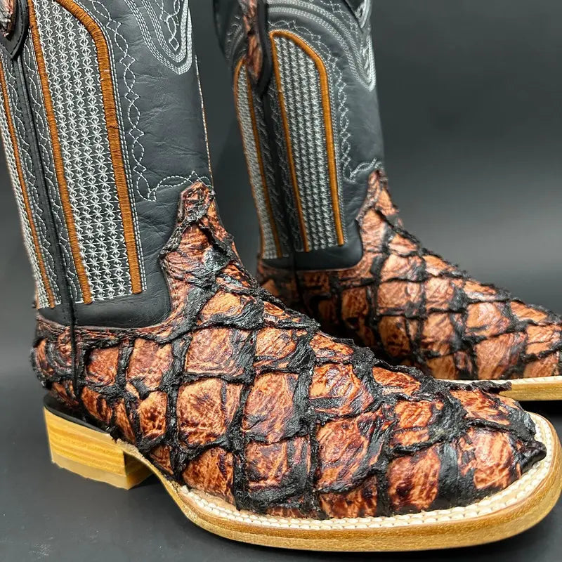Leather Cowboy Boots with Scaled Cognac Vamp