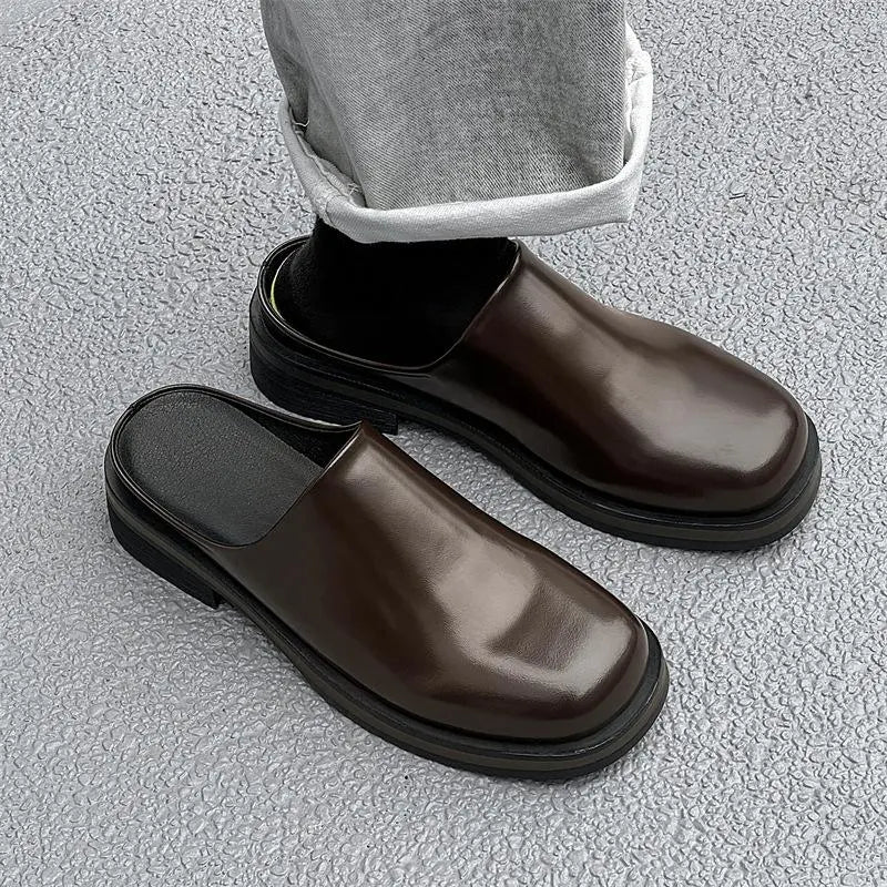 Glossy Dark Brown Leather Slip-On Mule Shoes