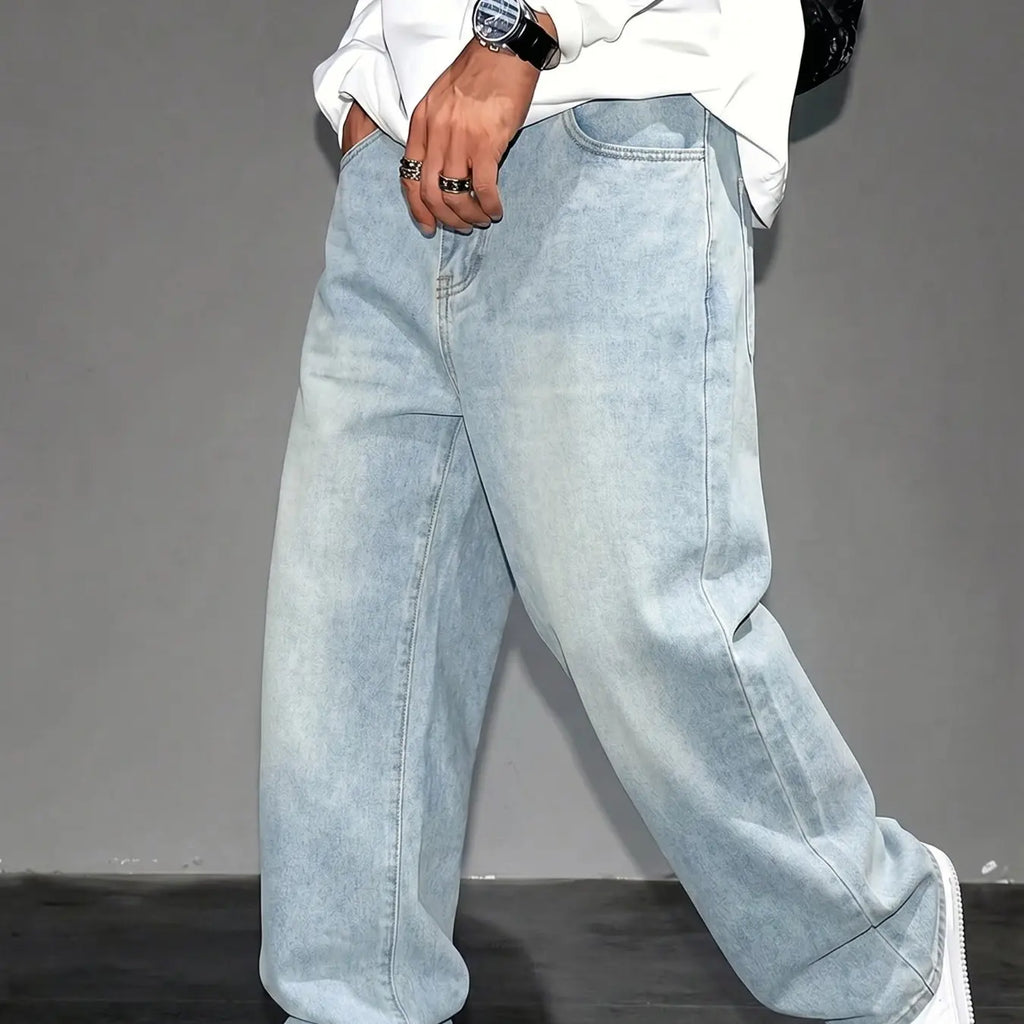 Washed Grey Baggy Straight Leg Denim Jeans