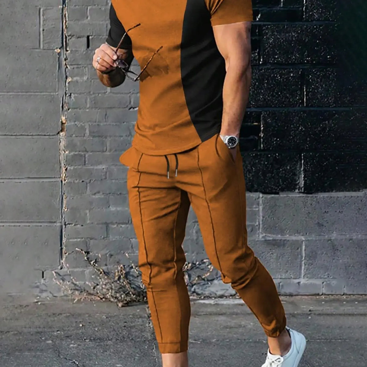 Men's Red Colorblock Tee and Jogger Set