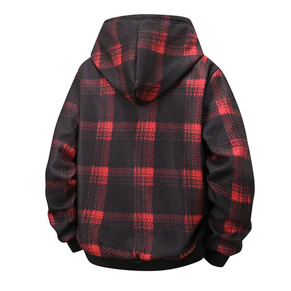 Red and Black Plaid Hooded Jacket with Fleece Lining