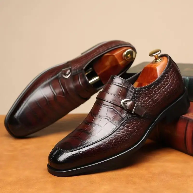 Brown Crocodile-Embossed Leather Slip-On Dress Shoes